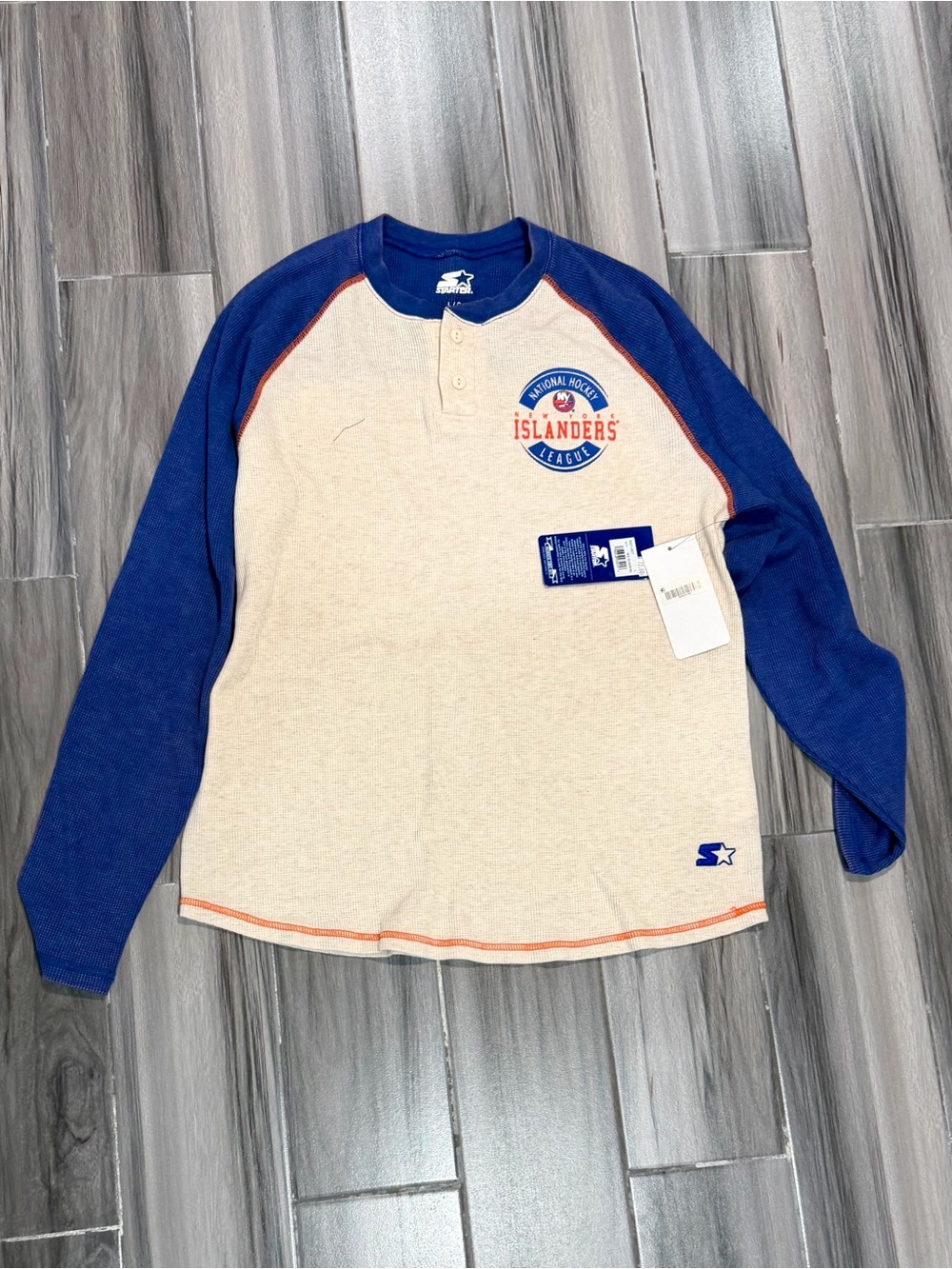 STARTER Cream and Blue Islanders Long Sleeve Raglan Jersey
